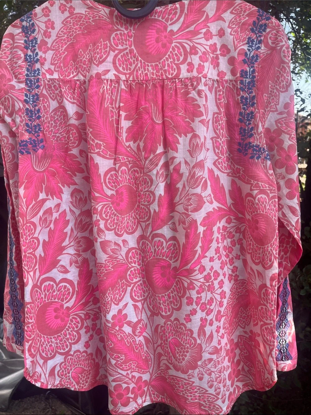J. Crew Pink and Blue Floral Embroidered Peasant Blouse